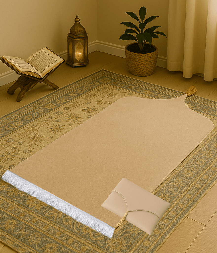 Çantalı Bej Deri Seccade Seti Hediyelik Lüks 70x120cm - Carpetella