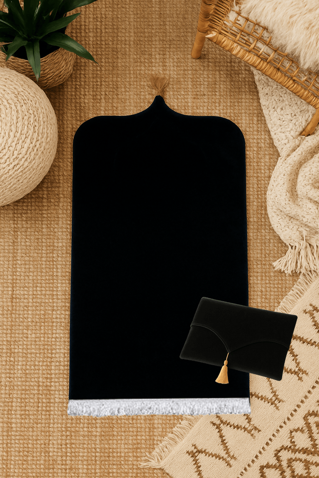 Kadife Siyah Seccade Seti - Çantalı Hediyelik 70x120cm - Carpetella