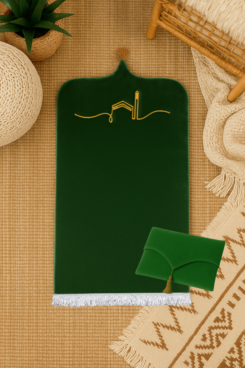 Kabeli Kadife Yeşil Seccade Seti - Çantalı Hediyelik 70x120cm - Carpetella