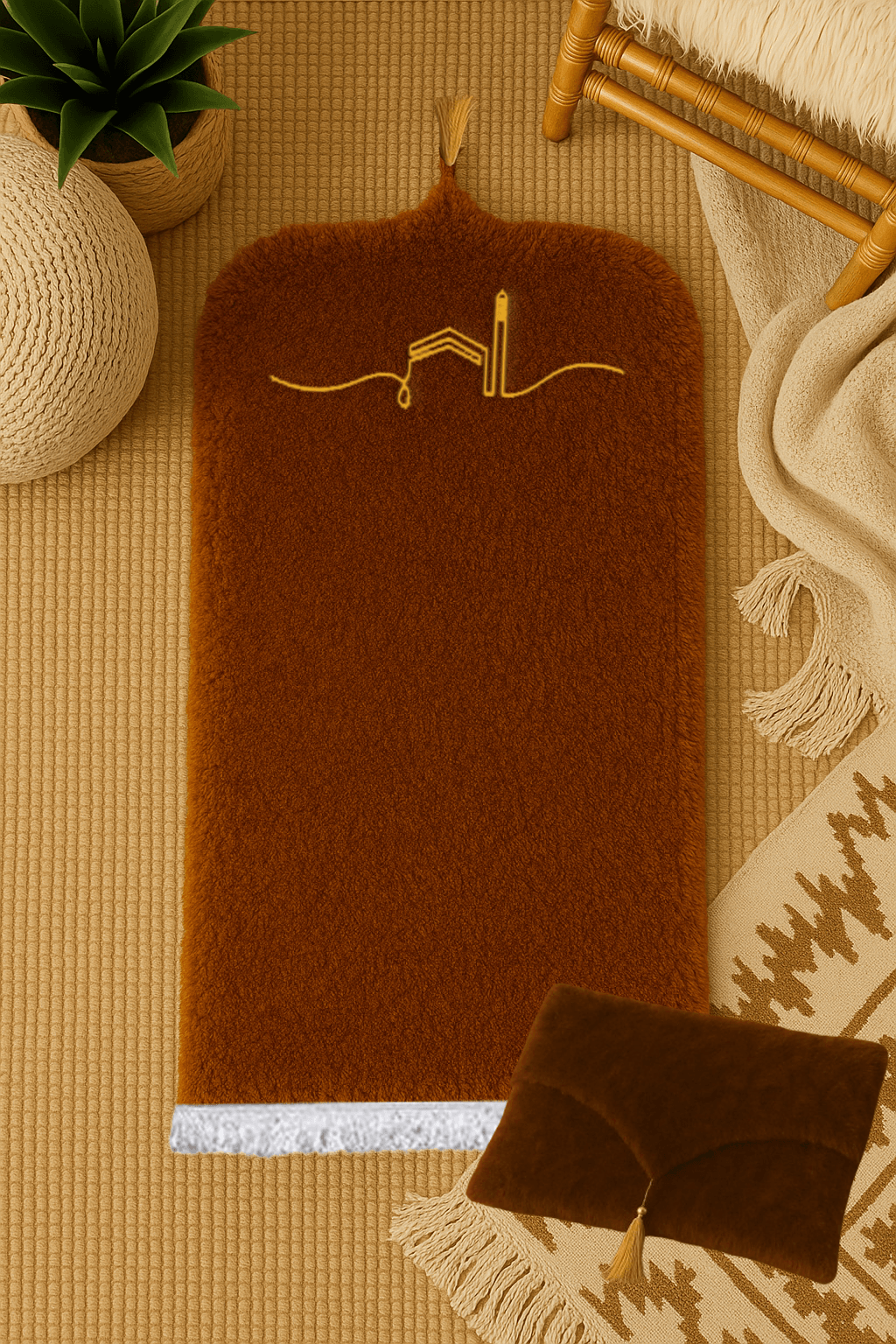 Çantalı Kahverengi Kabe İşlemeli Peluş Seccade Seti - Lüks Hediyelik Namazlık 70x120cm - Carpetella