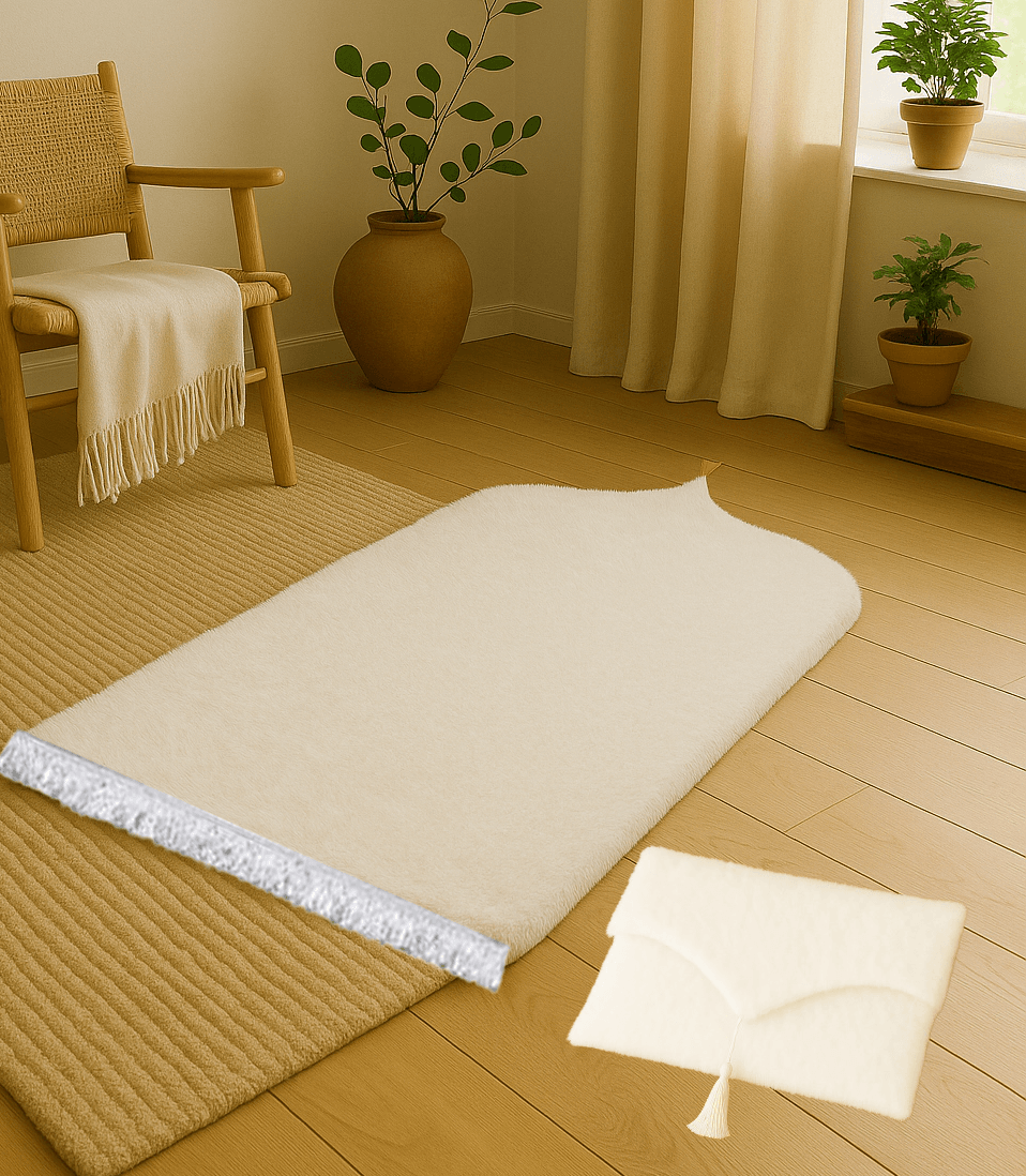 Çantalı Beyaz Peluş Seccade Seti - Lüks Hediyelik Namazlık 70x120cm - Carpetella