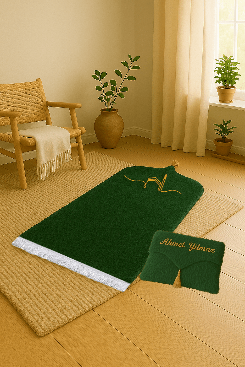 İsme Özel Çantalı İşlemeli Yeşil Peluş Seccade Seti - Lüks Hediyelik 70x120cm - Carpetella