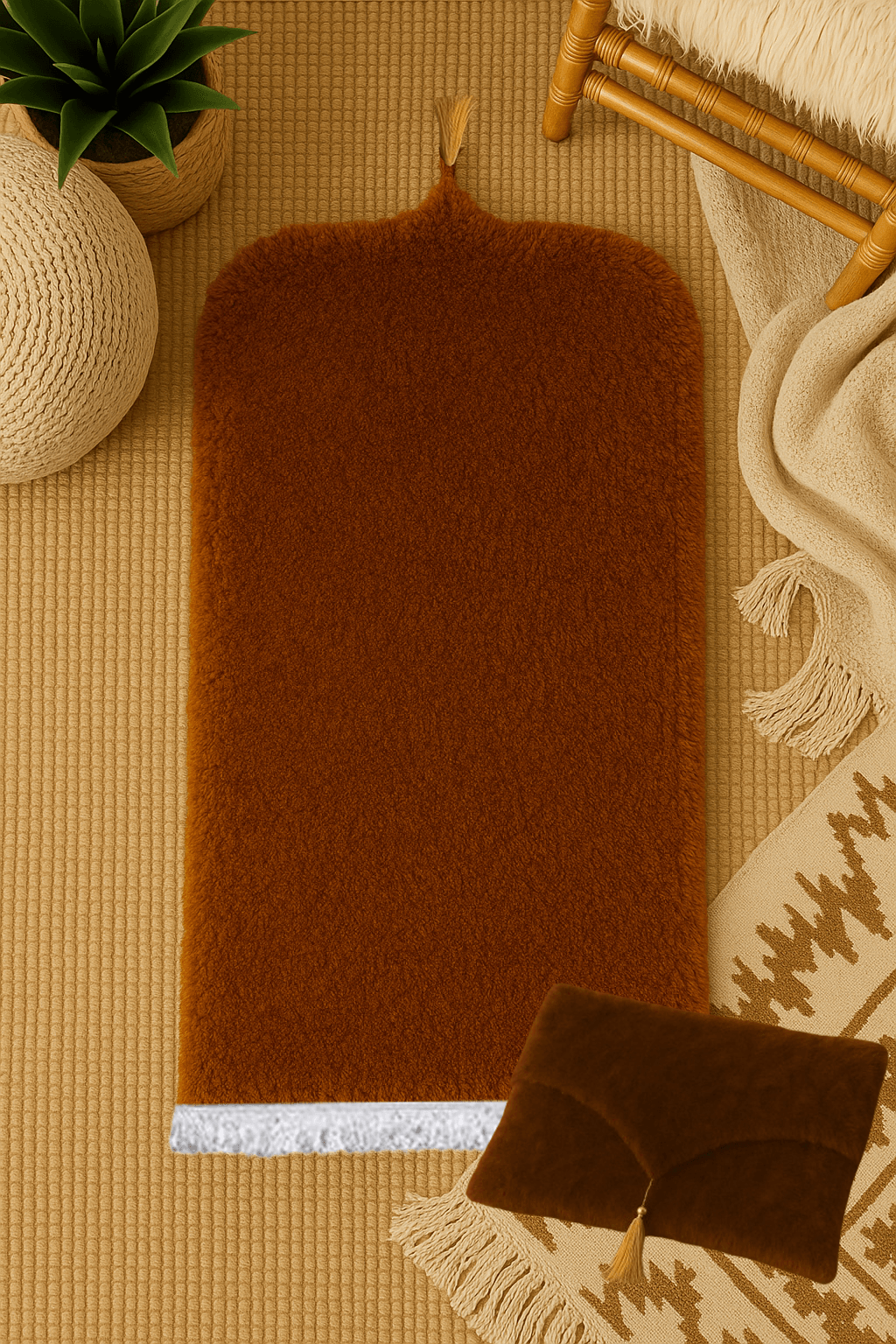 Çantalı Kahverengi Peluş Seccade Seti - Lüks Hediyelik Namazlık 70x120cm - Carpetella