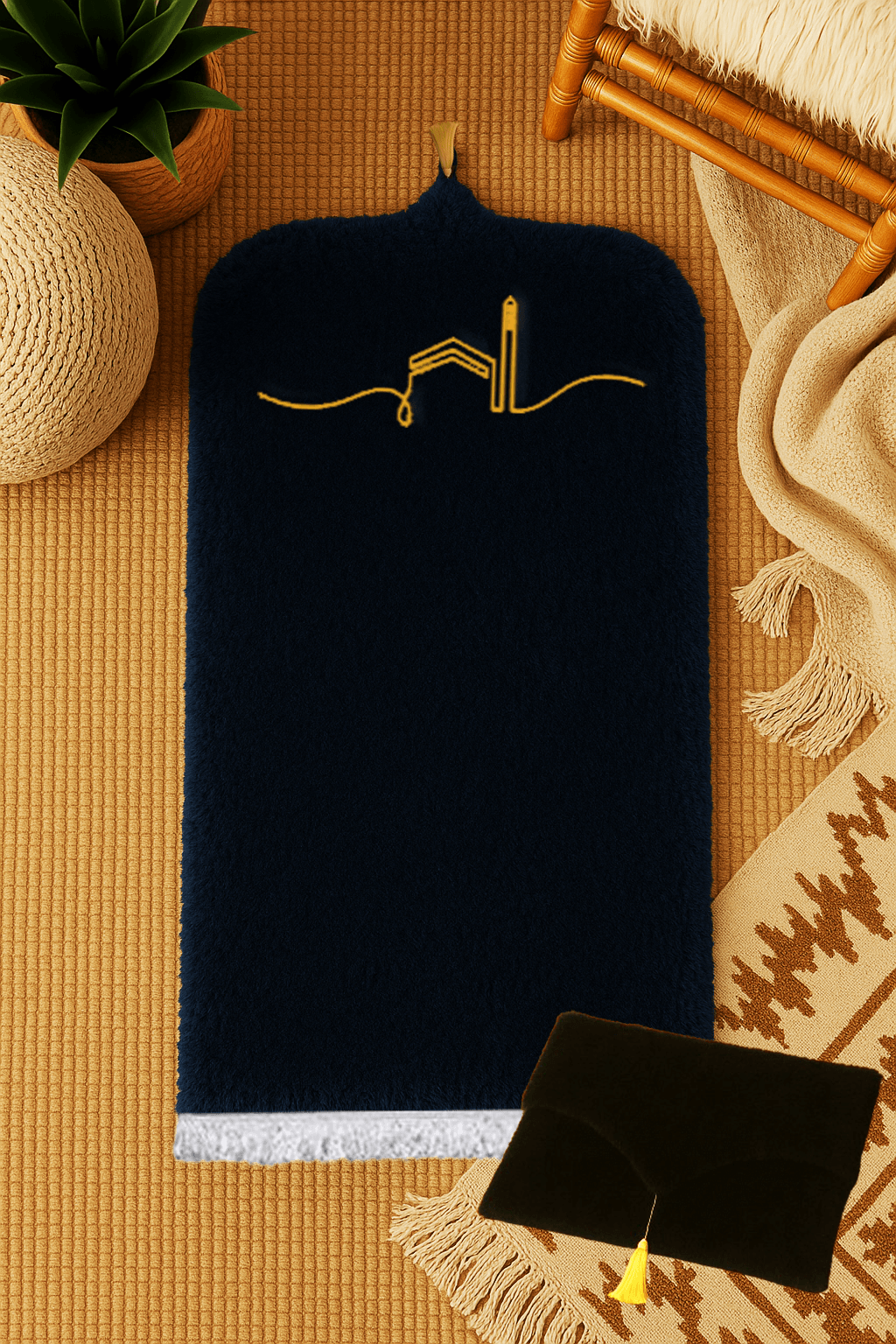 Çantalı Kabe İşlemeli Siyah Peluş Seccade Seti - Lüks Hediyelik Namazlık 70x120cm - Carpetella