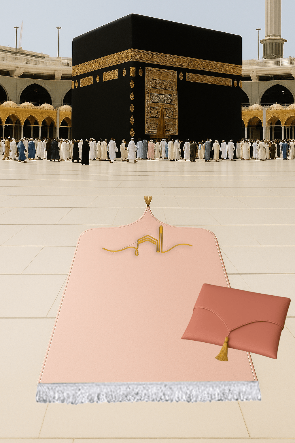 Kabe İşlemeli Deri Pembe Seccade Seti - Çantalı Hediyelik 70x120cm | Lüks Tasarım - Carpetella