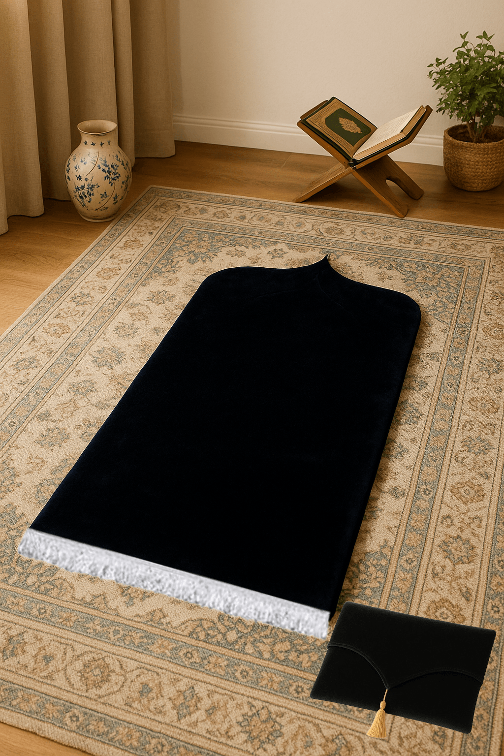 Kadife Siyah Seccade Seti - Çantalı Hediyelik 70x120cm - Carpetella