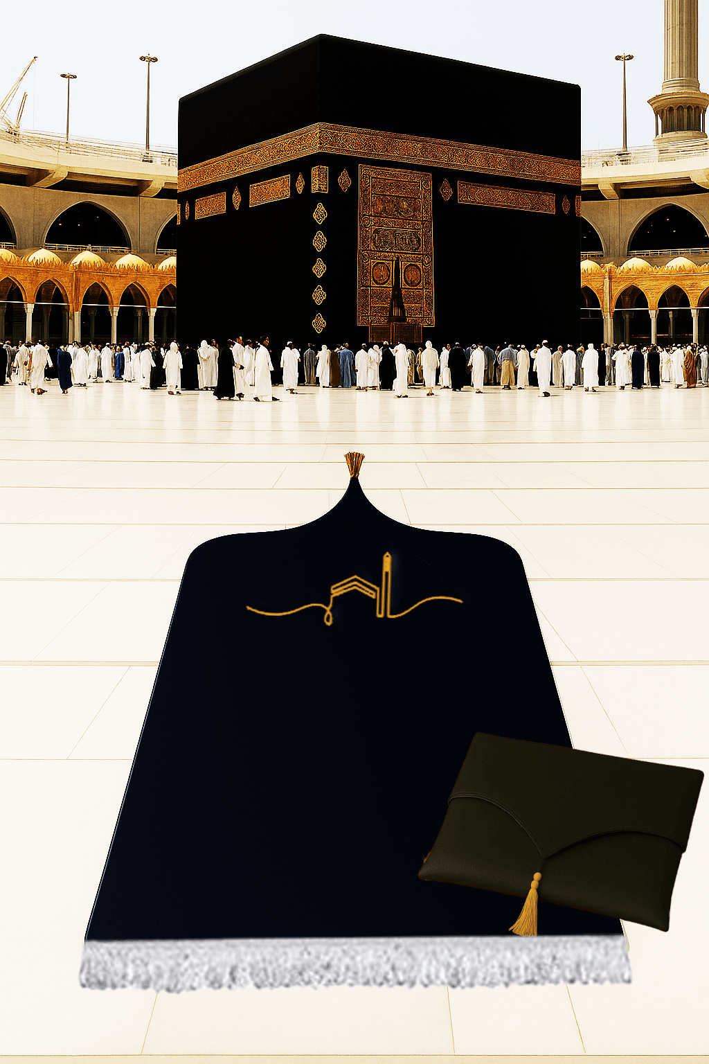 Kabe İşlemeli Siyah Deri Seccade Seti - Çantalı Hediyelik 70x120cm | Lüks Tasarım - Carpetella