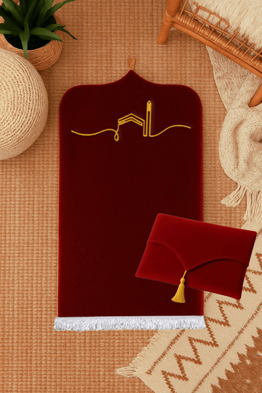 Kabeli Bordo Kadife Seccade Seti - Çantalı Hediyelik 70x120cm - Carpetella