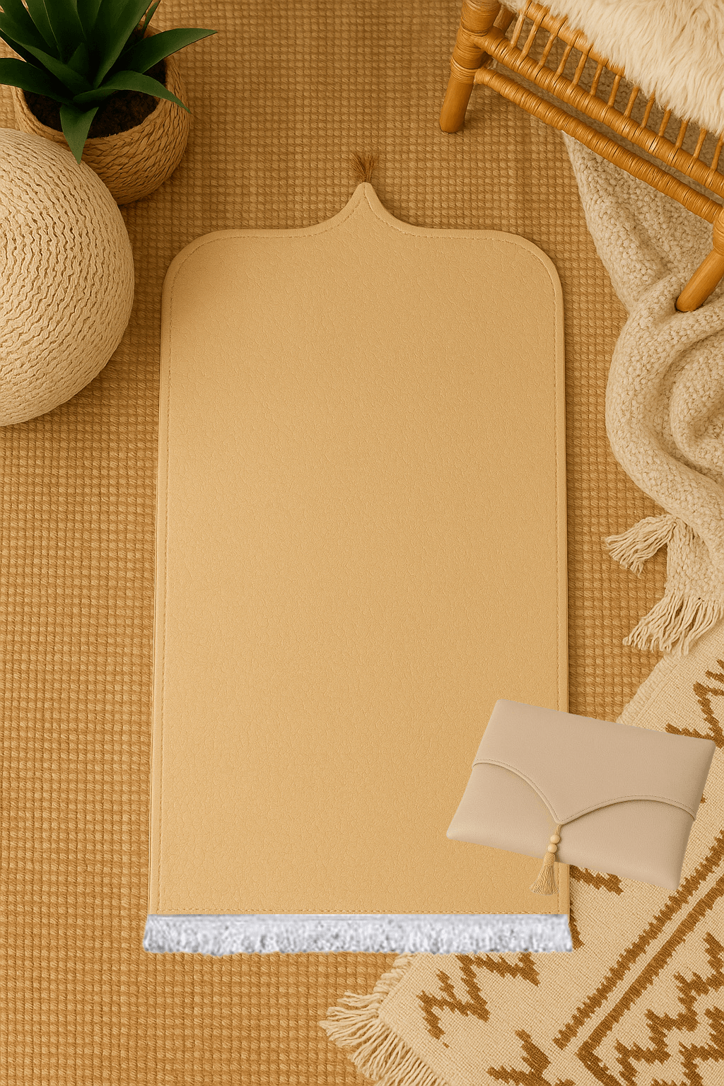 Çantalı Bej Deri Seccade Seti Hediyelik Lüks 70x120cm - Carpetella