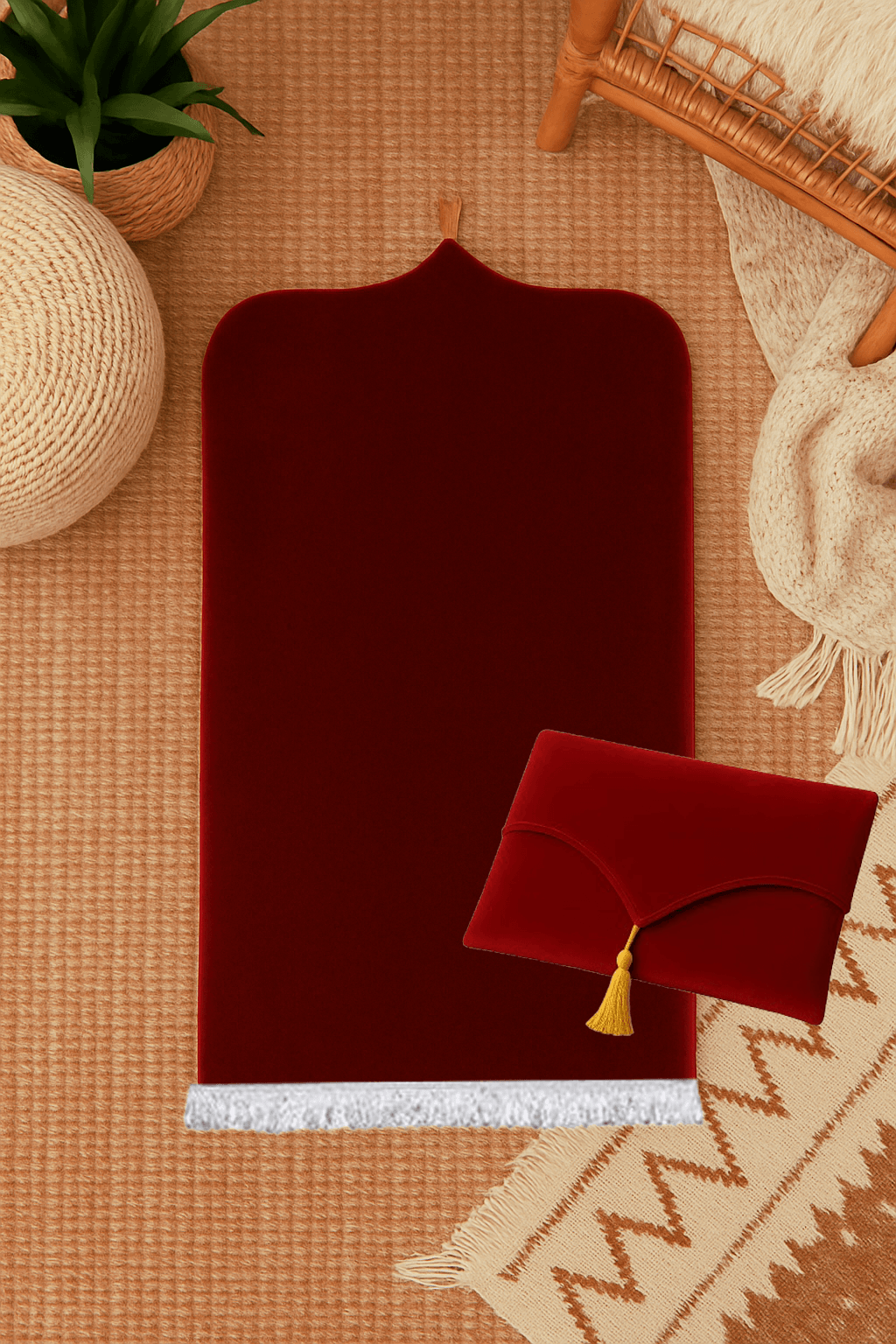 Kadife Bordo Seccade Seti - Çantalı Hediyelik 70x120cm - Carpetella