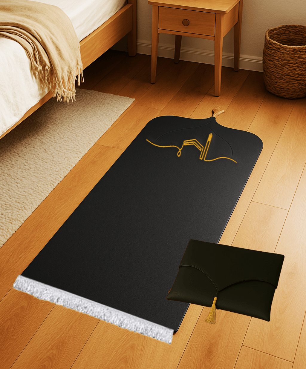 Kabe İşlemeli Siyah Deri Seccade Seti - Çantalı Hediyelik 70x120cm | Lüks Tasarım - Carpetella