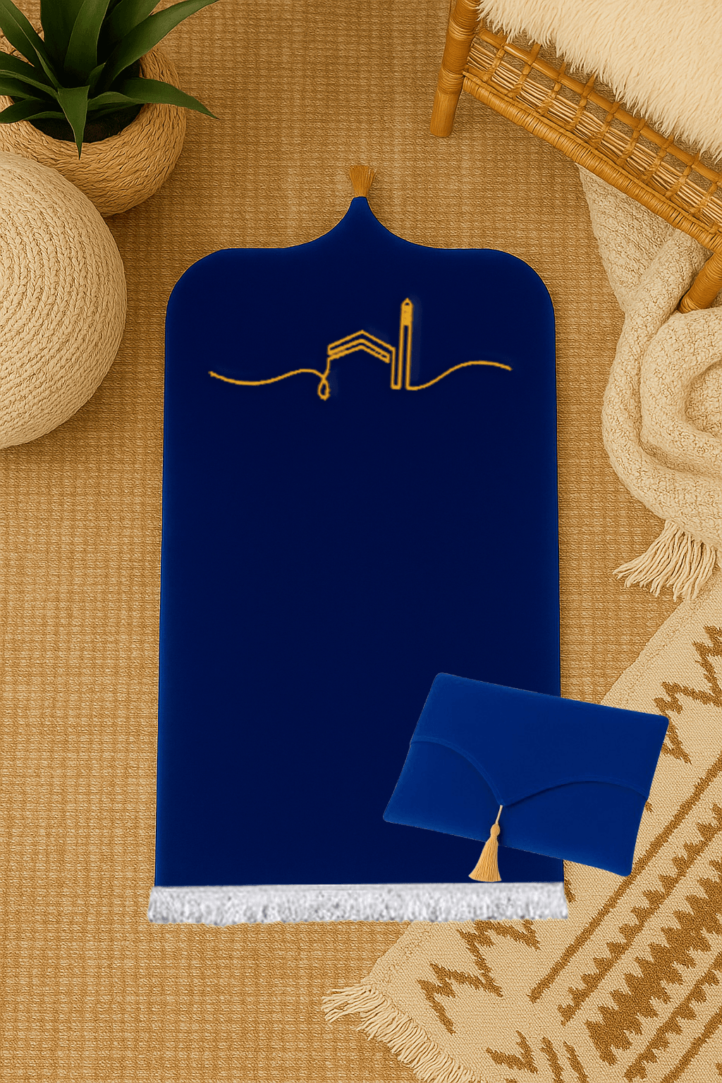 Kabeli Lacivert Kadife Seccade Seti - Çantalı Hediyelik 70x120cm - Carpetella