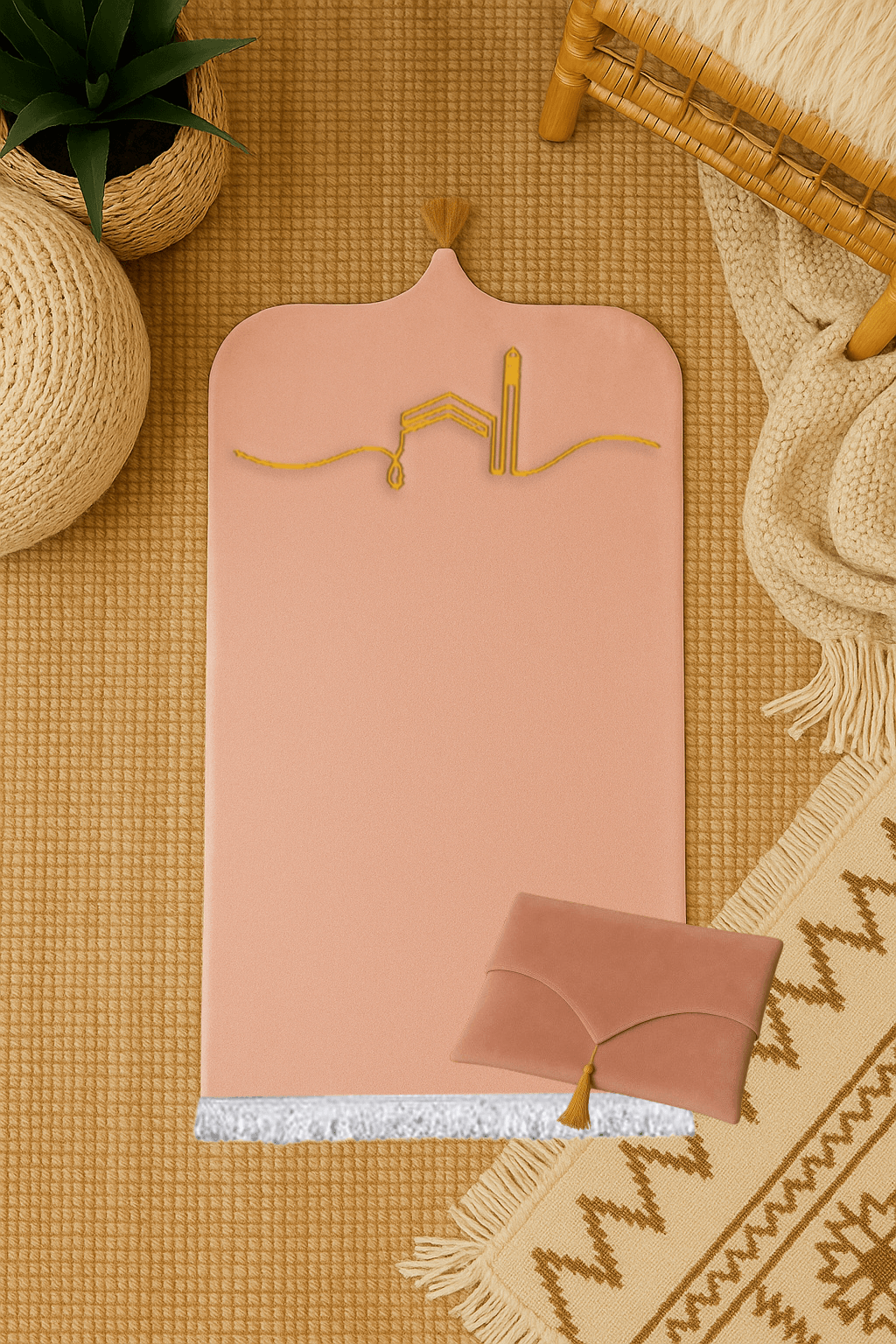 Kabeli Pembe Kadife Seccade Seti - Çantalı Hediyelik 70x120cm - Carpetella