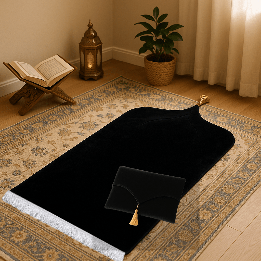 Kadife Siyah Seccade Seti - Çantalı Hediyelik 70x120cm - Carpetella