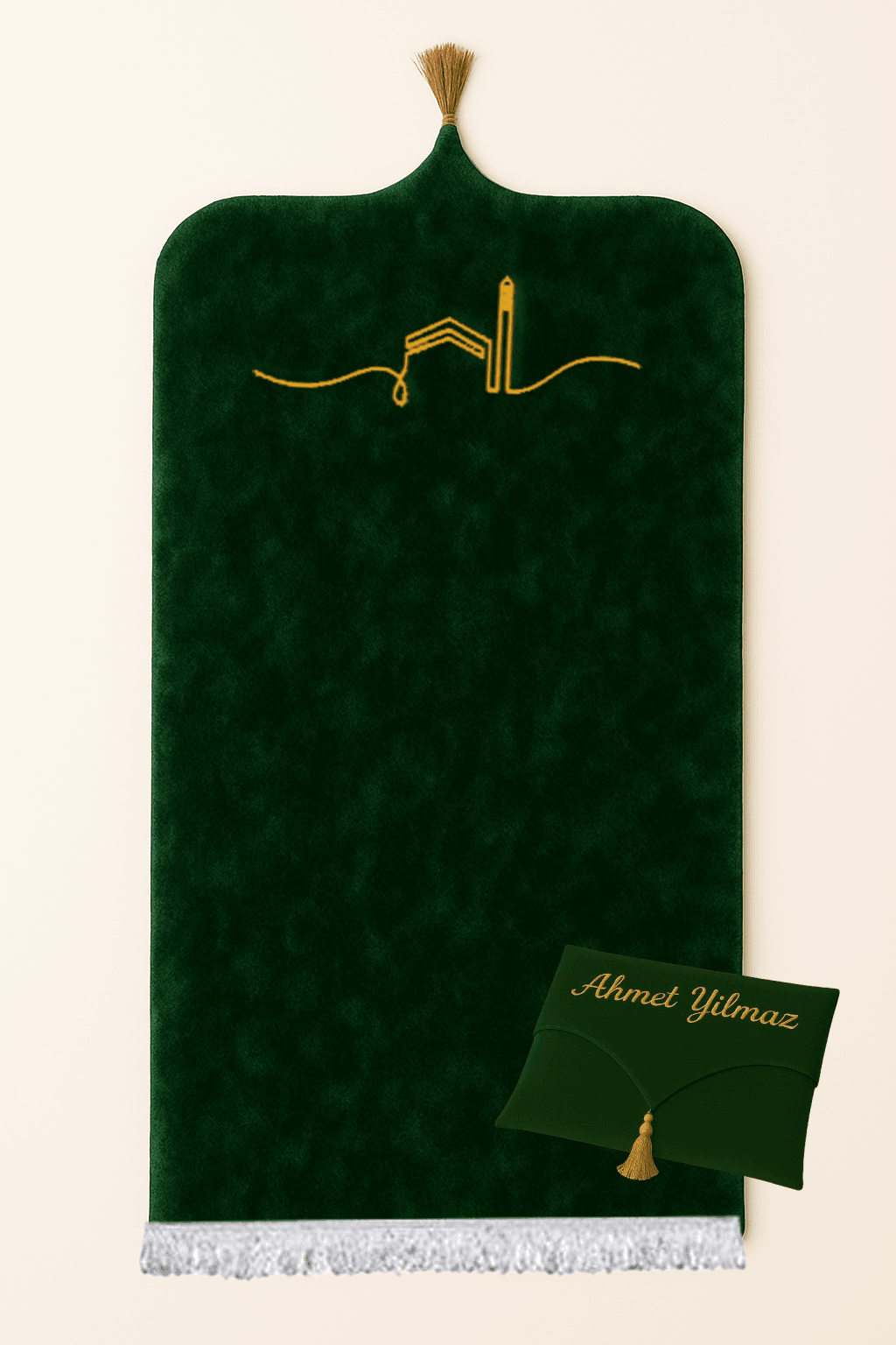 İsme Özel Yeşil Kadife Seccade Seti - Çantalı Hediyelik 70x120cm | Lüks Tasarım - Carpetella