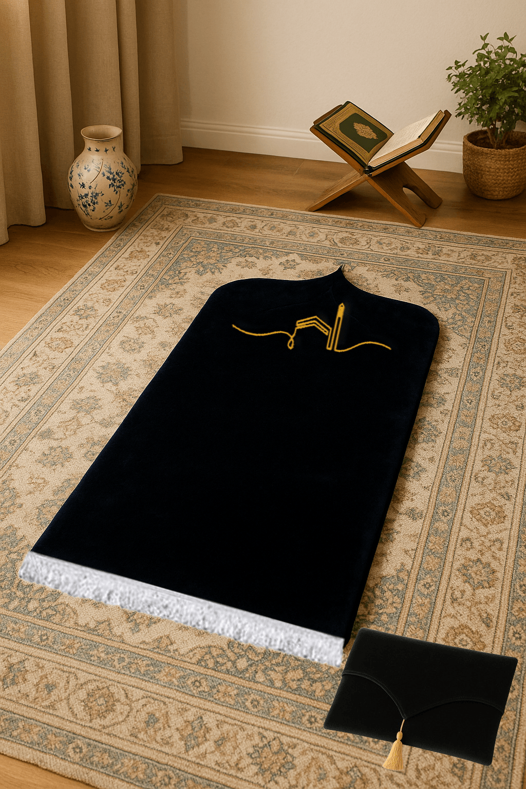 Kabeli Siyah Kadife Seccade Seti - Çantalı Hediyelik 70x120cm - Carpetella
