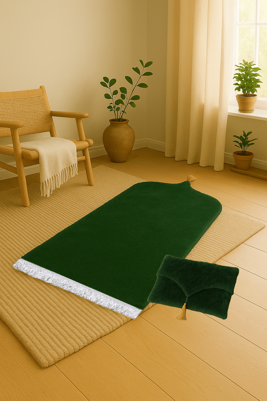 Çantalı Yeşil Peluş Seccade Seti - Lüks Hediyelik Namazlık 70x120cm - Carpetella
