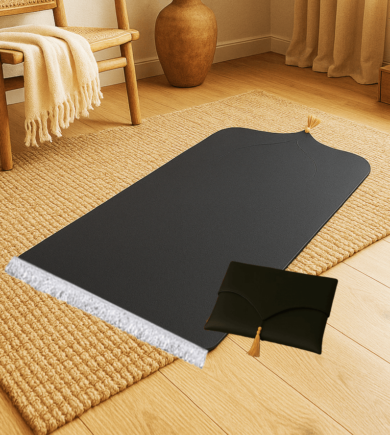 Çantalı Deri Siyah Seccade Seti Hediyelik Lüks 70x120cm - Carpetella