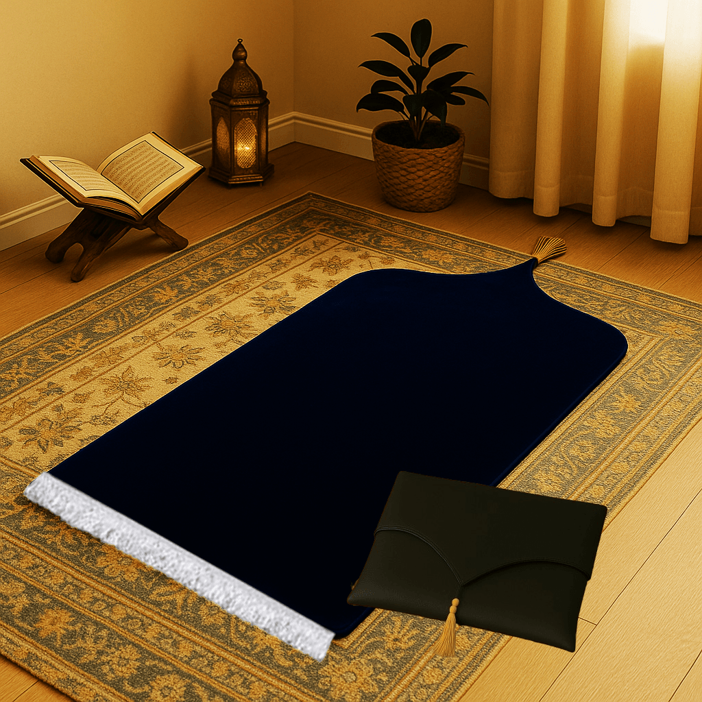 Çantalı Deri Siyah Seccade Seti Hediyelik Lüks 70x120cm - Carpetella
