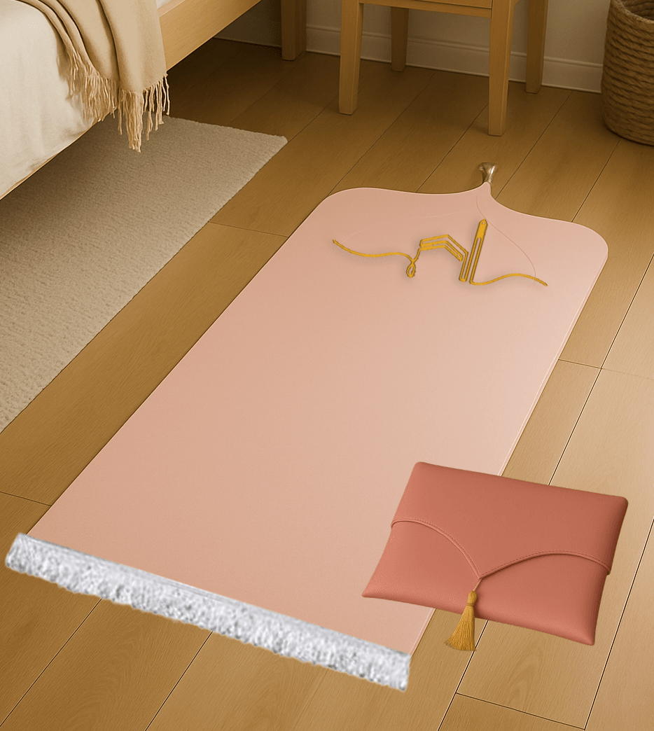 Kabe İşlemeli Deri Pembe Seccade Seti - Çantalı Hediyelik 70x120cm | Lüks Tasarım - Carpetella