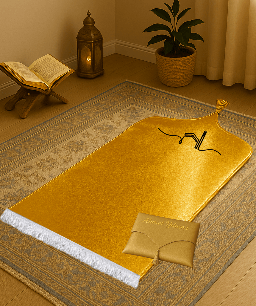 İsme Özel Deri Gold Seccade Seti - Çantalı Hediyelik 70x120cm | Lüks Tasarım - Carpetella
