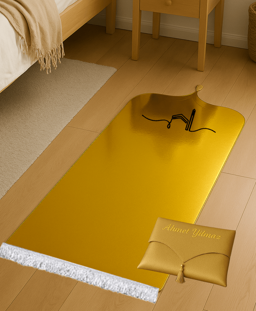 İsme Özel Deri Gold Seccade Seti - Çantalı Hediyelik 70x120cm | Lüks Tasarım - Carpetella