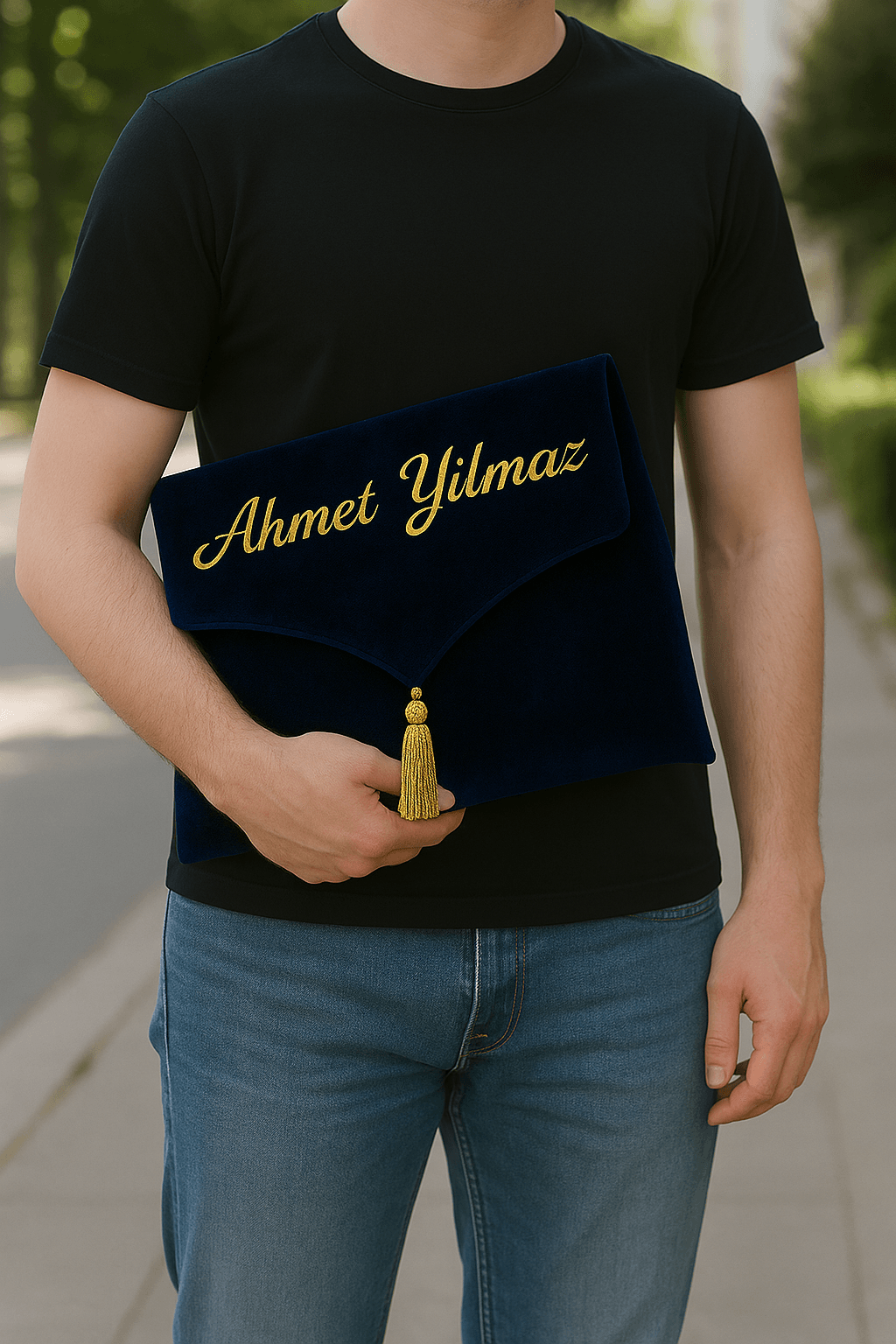 İsme Özel Lacivert Kadife Seccade Seti - Çantalı Hediyelik 70x120cm | Lüks Tasarım - Carpetella