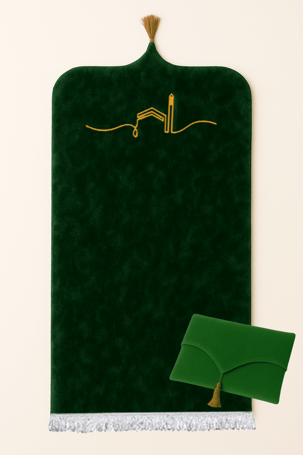 Kabeli Kadife Yeşil Seccade Seti - Çantalı Hediyelik 70x120cm - Carpetella