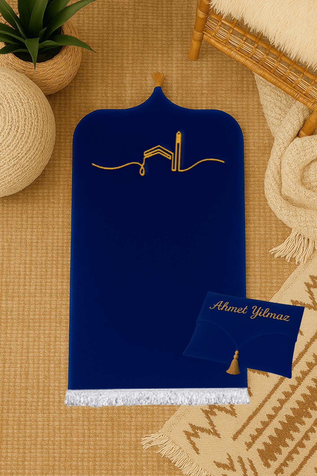 İsme Özel Lacivert Kadife Seccade Seti - Çantalı Hediyelik 70x120cm | Lüks Tasarım - Carpetella