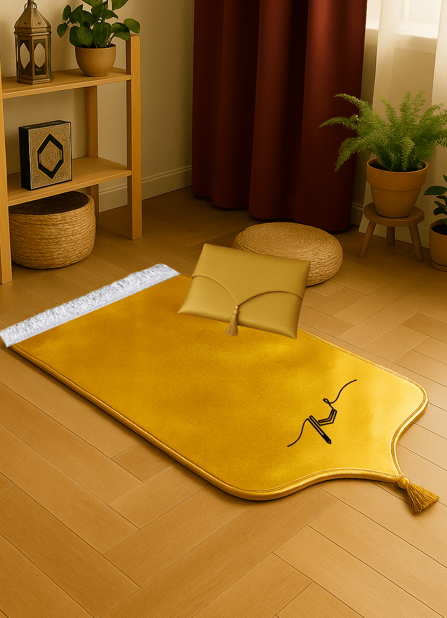 Kabe İşlemeli Gold Deri Seccade Seti - Çantalı Hediyelik 70x120cm | Lüks Tasarım - Carpetella