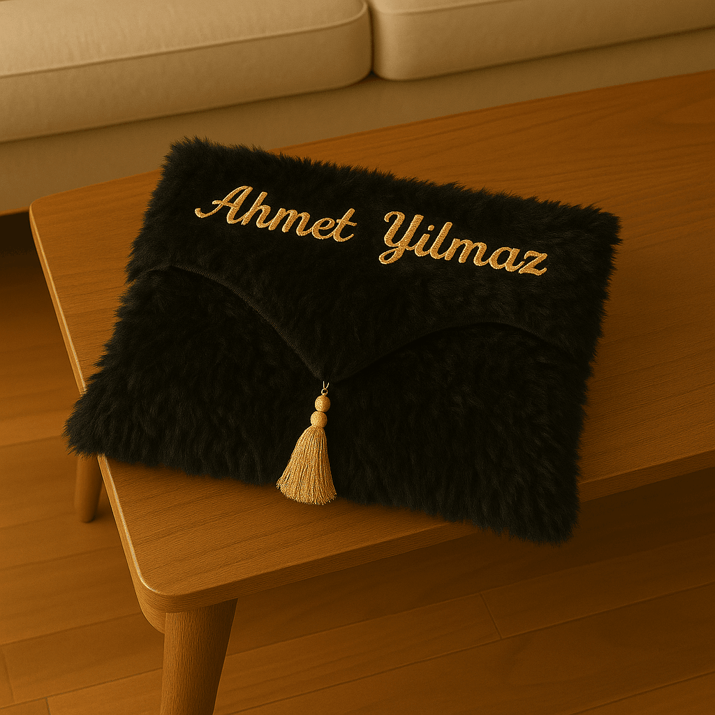 İsme Özel Çantalı İşlemeli Siyah Peluş Seccade Seti - Lüks Hediyelik 70x120cm - Carpetella
