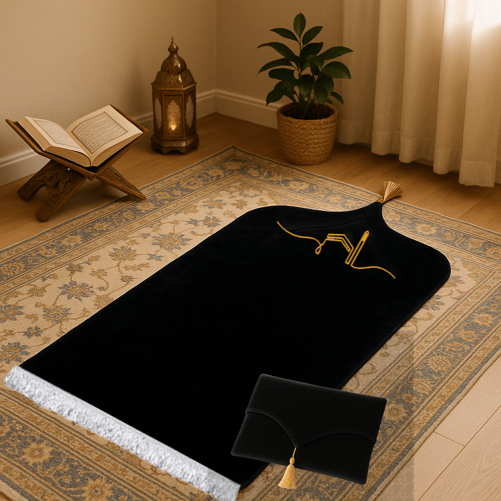 Kabeli Siyah Kadife Seccade Seti - Çantalı Hediyelik 70x120cm - Carpetella