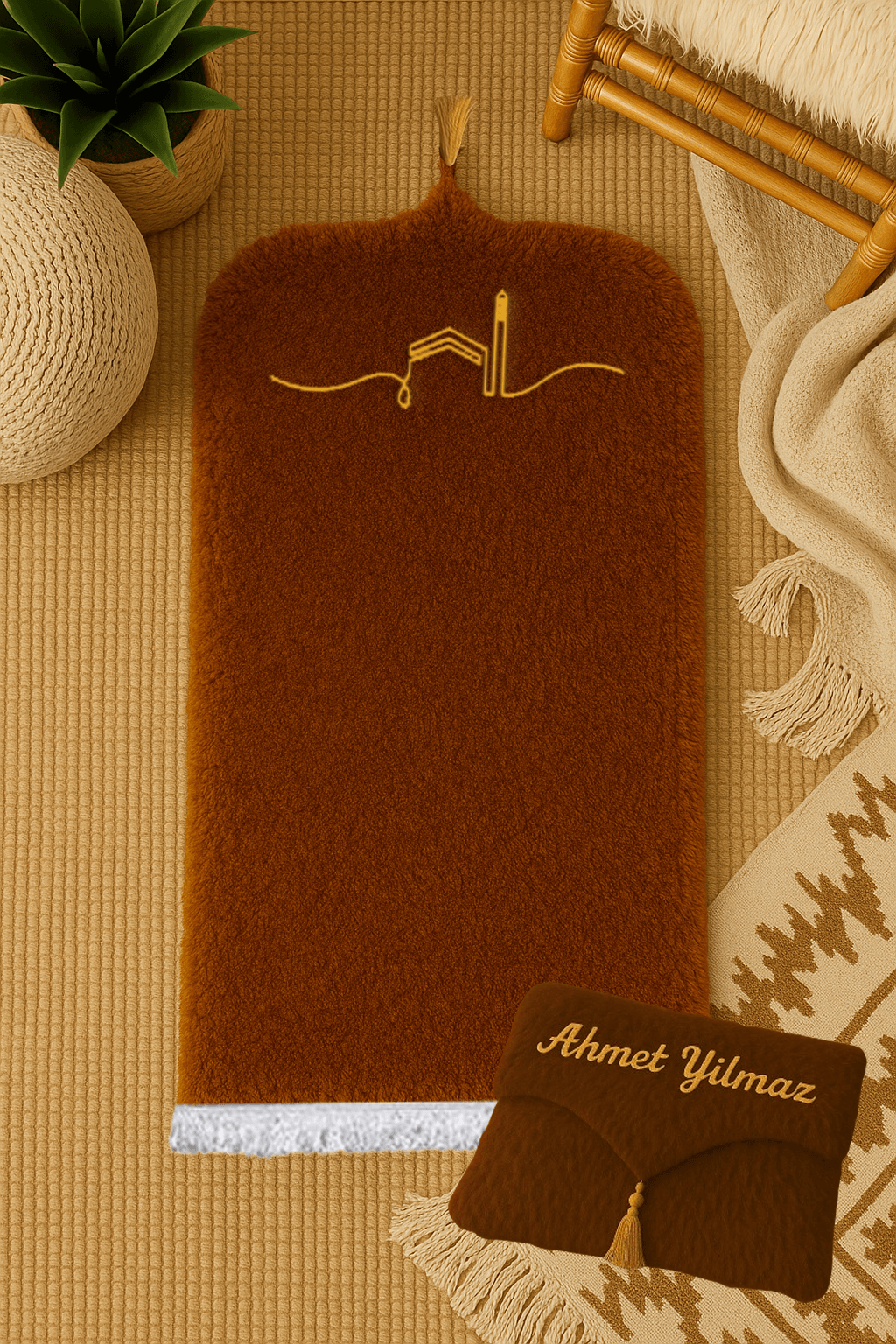İsme Özel Çantalı Kabe Kahverengi İşlemeli Peluş Seccade Seti - Lüks Hediyelik Namazlık 70x120cm - Carpetella