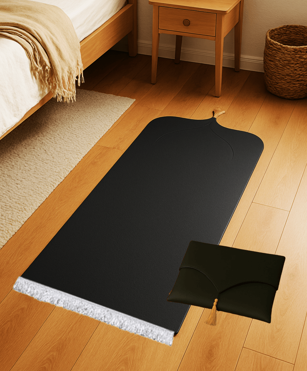 Çantalı Deri Siyah Seccade Seti Hediyelik Lüks 70x120cm - Carpetella
