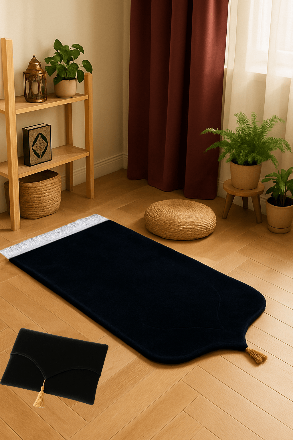 Kadife Siyah Seccade Seti - Çantalı Hediyelik 70x120cm - Carpetella