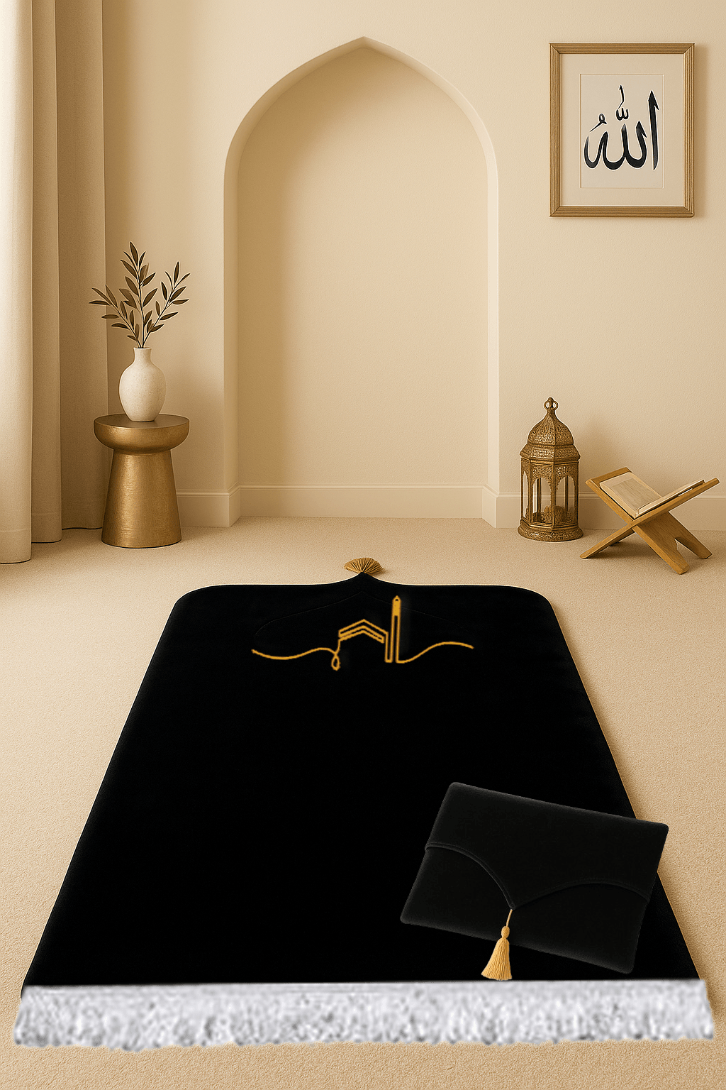 Kabeli Siyah Kadife Seccade Seti - Çantalı Hediyelik 70x120cm - Carpetella