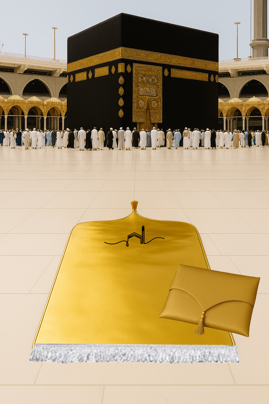 Kabe İşlemeli Gold Deri Seccade Seti - Çantalı Hediyelik 70x120cm | Lüks Tasarım - Carpetella