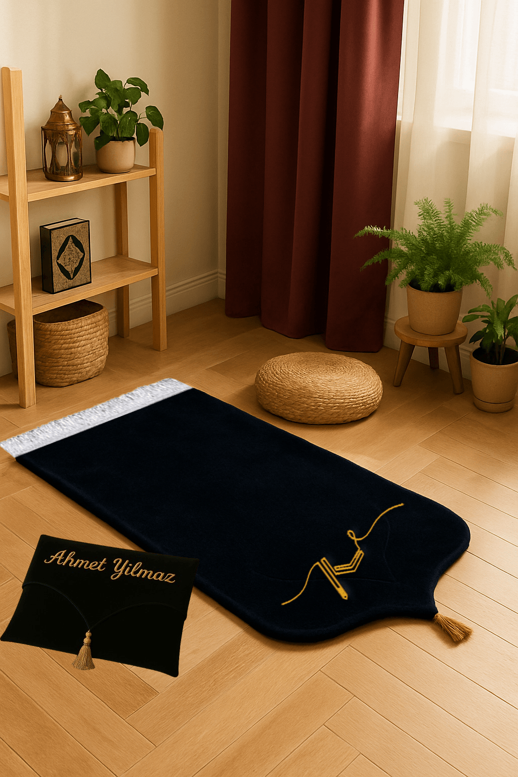 İsme Özel Siyah Kadife Seccade Seti - Çantalı Hediyelik 70x120cm | Lüks Tasarım - Carpetella