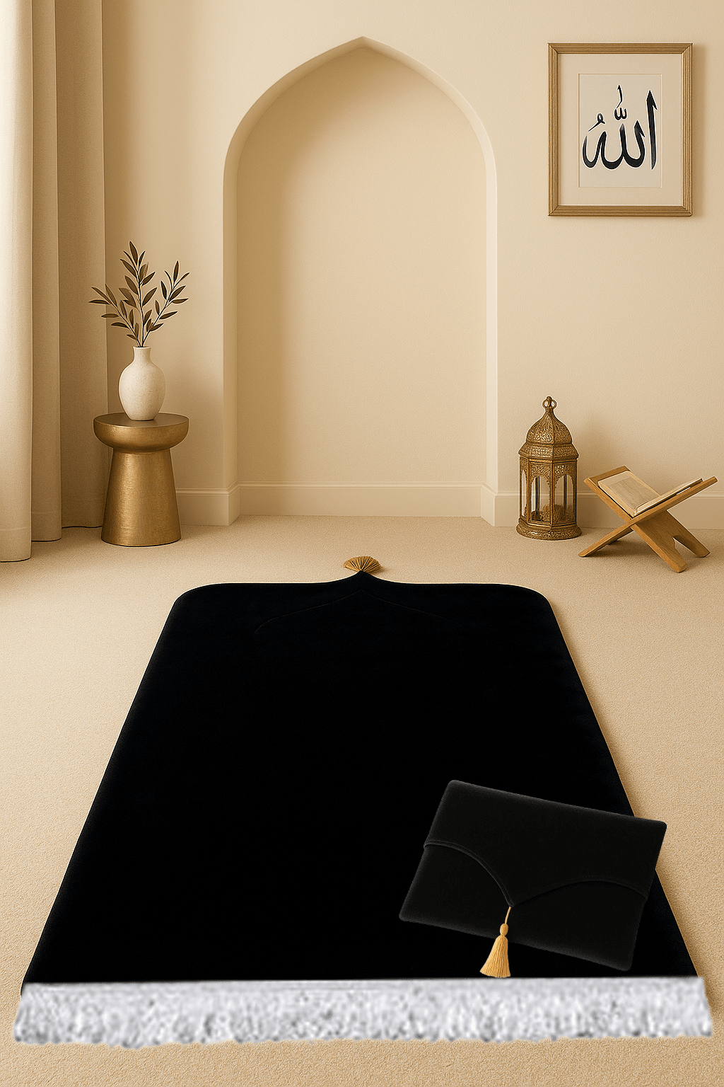 Kadife Siyah Seccade Seti - Çantalı Hediyelik 70x120cm - Carpetella