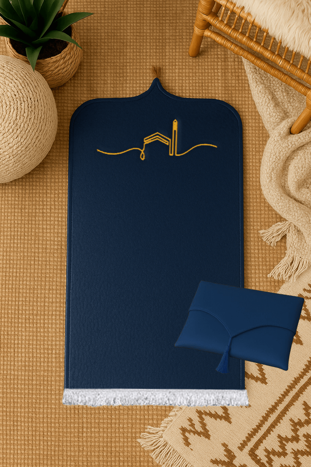 Kabe İşlemeli Deri Lacivert Seccade Seti - Çantalı Hediyelik 70x120cm | Lüks Tasarım - Carpetella