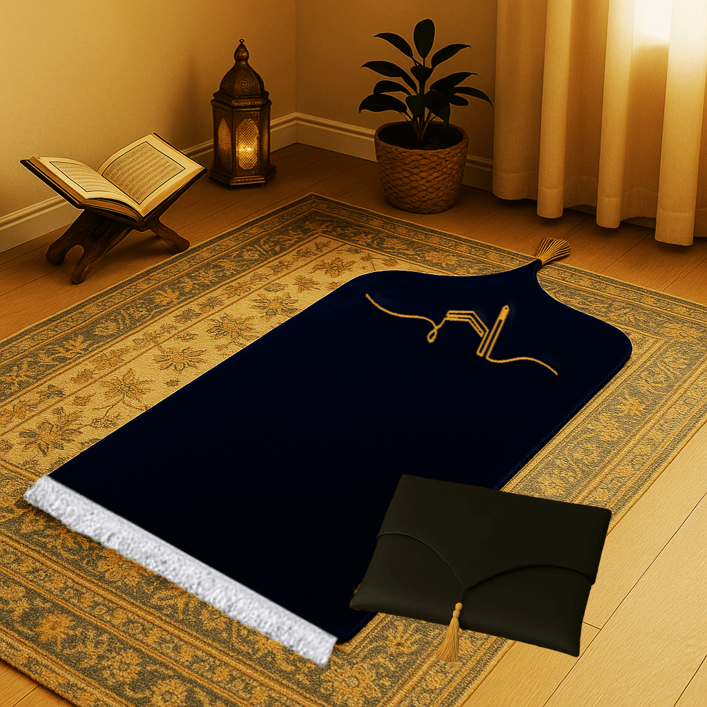 Kabe İşlemeli Siyah Deri Seccade Seti - Çantalı Hediyelik 70x120cm | Lüks Tasarım - Carpetella