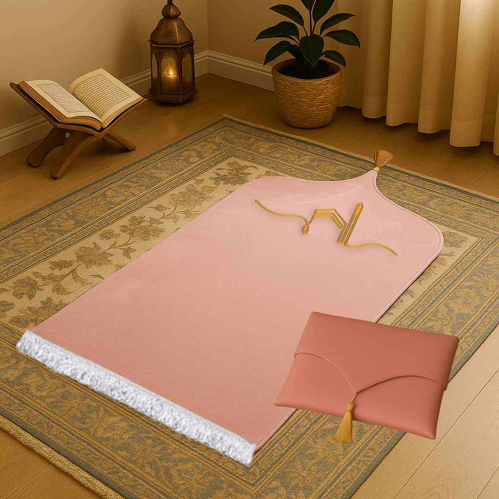 Kabe İşlemeli Deri Pembe Seccade Seti - Çantalı Hediyelik 70x120cm | Lüks Tasarım - Carpetella