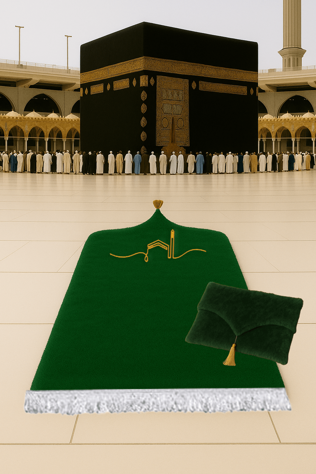 Çantalı Kabe İşlemeli Peluş Seccade Seti - Lüks Hediyelik Namazlık 70x120cm - Carpetella