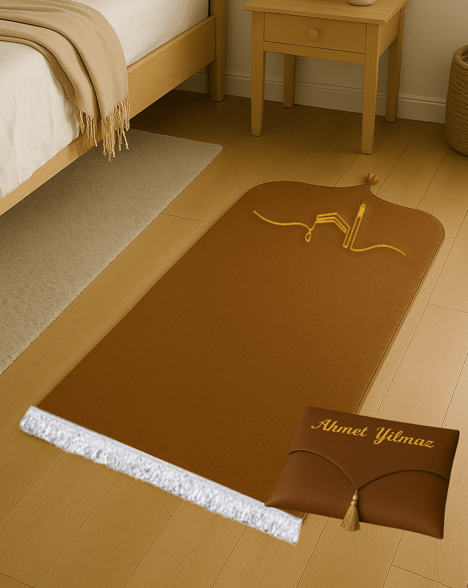 İsme Özel Deri Kahverengi Seccade Seti - Çantalı Hediyelik 70x120cm | Lüks Tasarım - Carpetella
