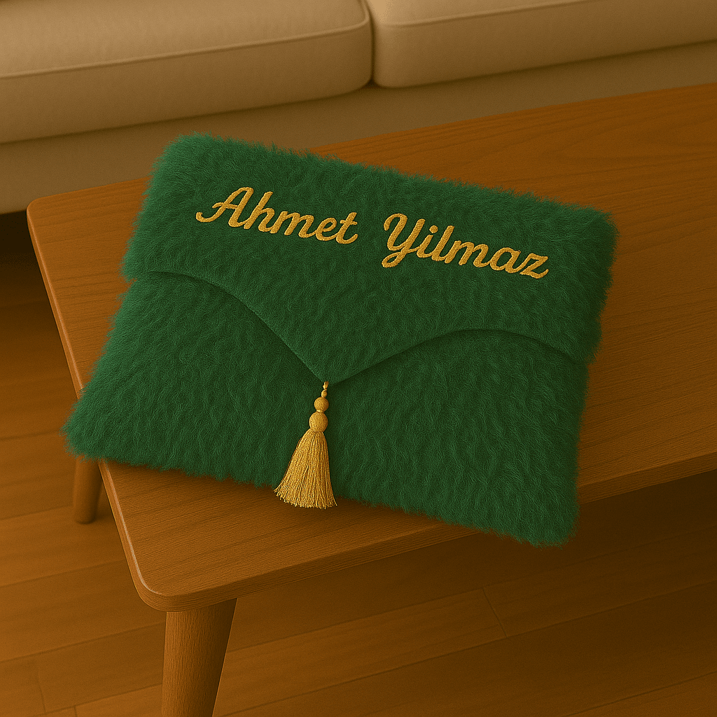 İsme Özel Çantalı İşlemeli Yeşil Peluş Seccade Seti - Lüks Hediyelik 70x120cm - Carpetella