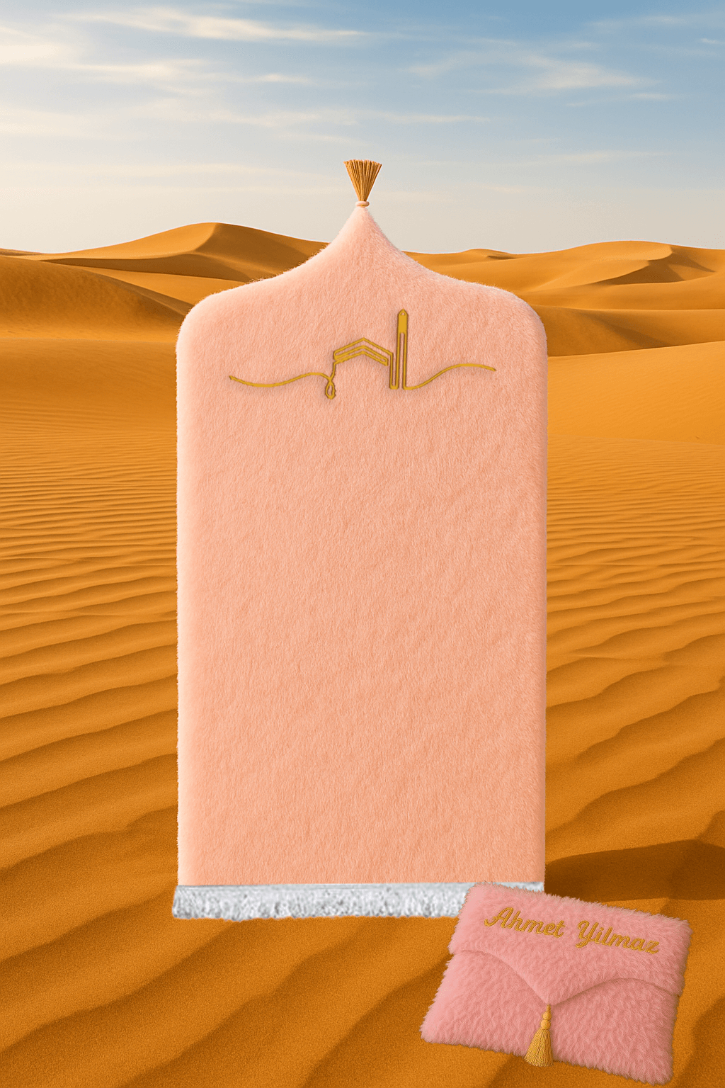 İsme Özel Çantalı Kabe İşlemeli Pembe Peluş Seccade Seti - Lüks Hediyelik 70x120cm - Carpetella