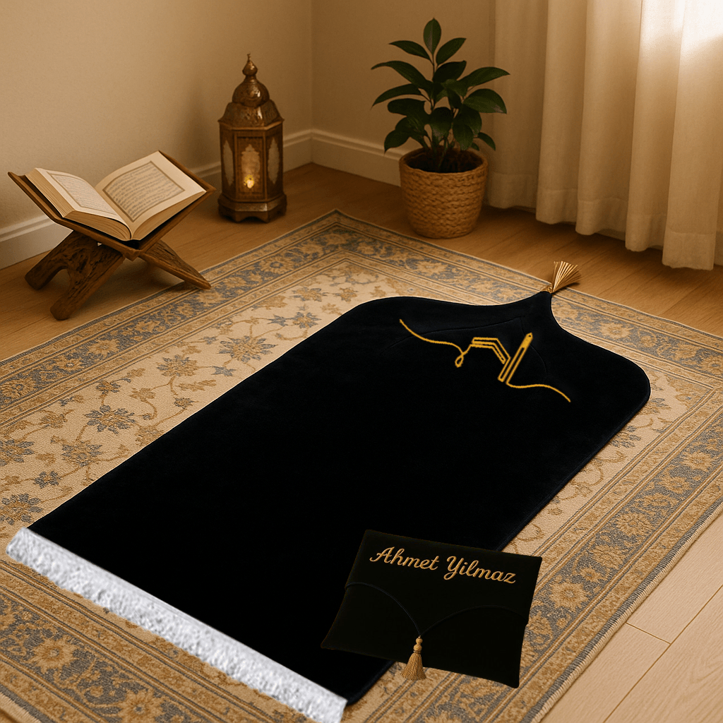 İsme Özel Siyah Kadife Seccade Seti - Çantalı Hediyelik 70x120cm | Lüks Tasarım - Carpetella