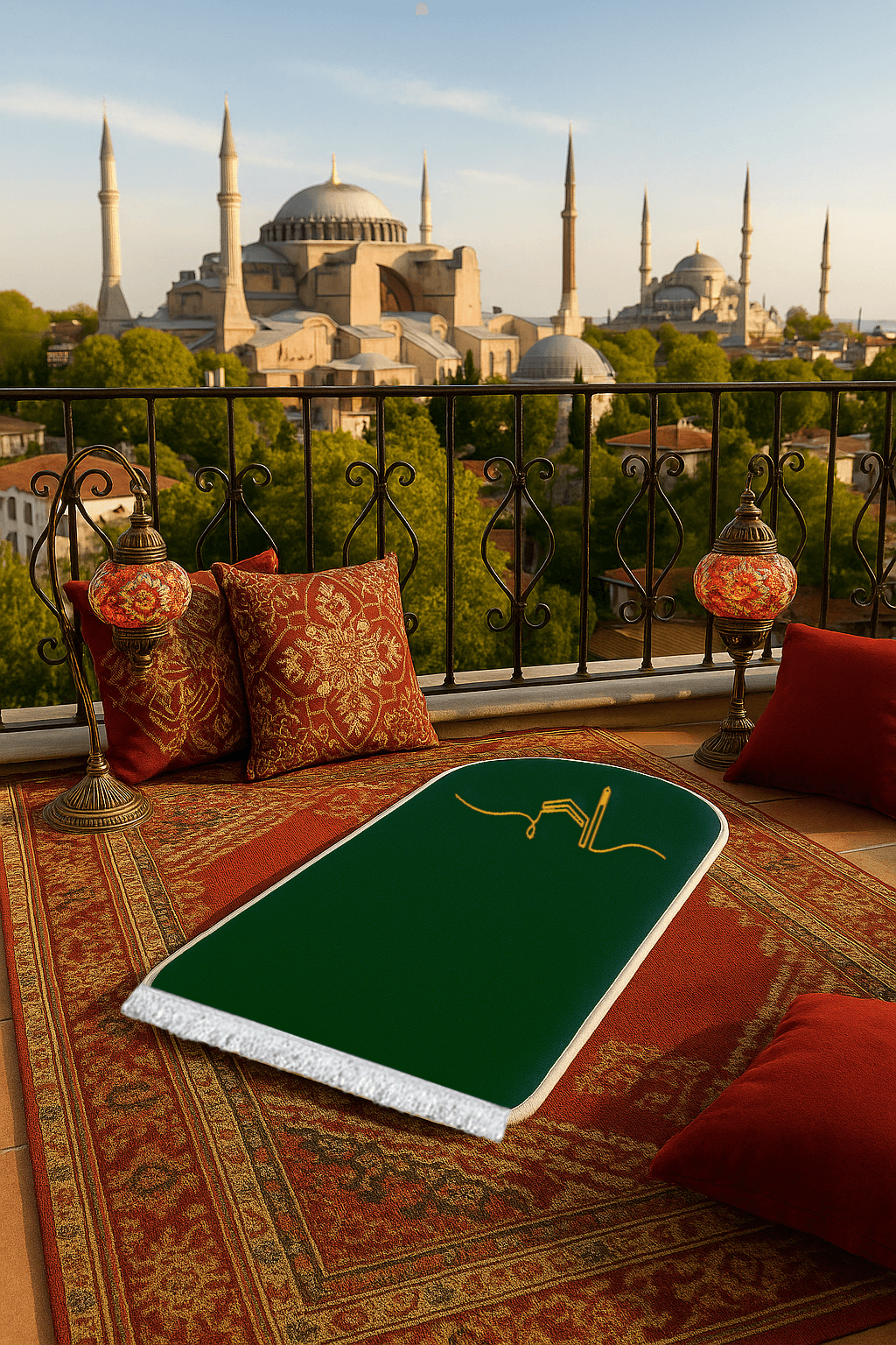 Yeşil Kabe İşlemeli Kadife Seccade | Ortopedik 3cm Süngerli - Carpetella