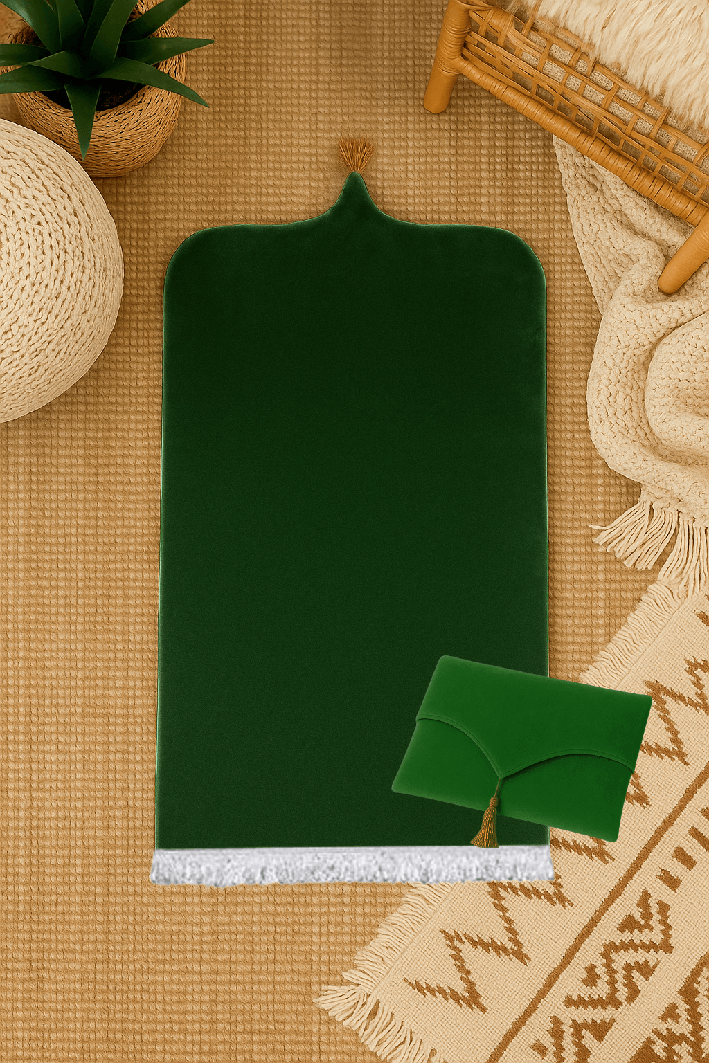 Yeşil Kadife Seccade Seti - Çantalı Hediyelik 70x120cm - Carpetella