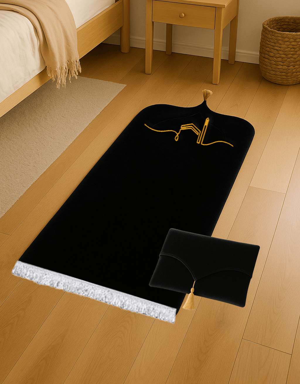 Kabeli Siyah Kadife Seccade Seti - Çantalı Hediyelik 70x120cm - Carpetella